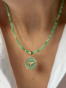 Handmade Natural AMAZONITE Beaded Necklace Gold Bee Amazonite Pendant - Picture 1 of 4