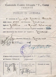 WW2 BLATT RÜCKFÜHRUNGSLIZENZ GEFANGENER LEUTNANT ARZT AUS T CAMP DI TARANTO  - Bild 1 von 2
