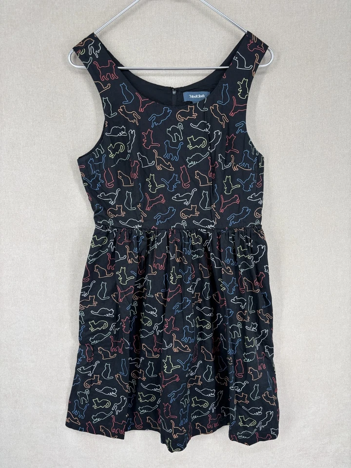 Vestido Modcloth L Negro Estampado de Gato Sin Mangas Ajuste Acampanado Bolsillos Retro Foto 1 de 4