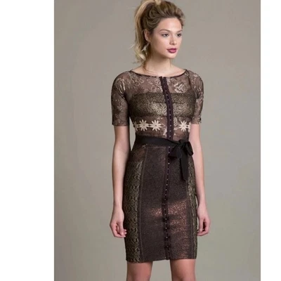 Beguile Byron Lars Dress Size 12 Petite Marguerite Sheath Brown Gold Lace NWT - Image 1 of 4