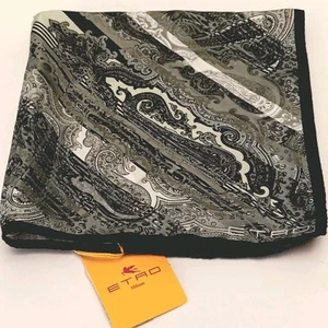 Men’s Etro Pocket Square, NWT Black Grey White Paisley READ - Picture 1 of 10
