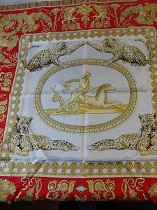 Versace Atelier Seidentuch 34x34 Barock Leopard Rot Gold 100% Seide Italy - Bild 1 von 12
