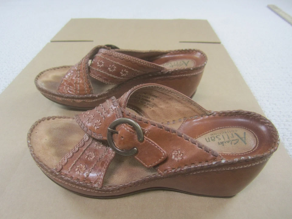 Женские сандалии Clarks Artisan Collection 7 М коричневые кожаные 3 дюйма на высоком каблуке шлепанцы - Изображение 1 из 4