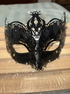 Metal Black Lace Venetian Masquerade Mask With Rhinestones & Elastic Strap - Picture 1 of 4