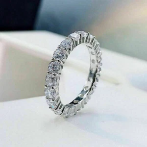 14k White Gold Finish 1.4Ct Round Cut Eternity Diamond Engagement Band Ring - Picture 1 of 7