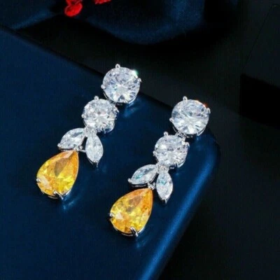 14K White Gold Plated 3.50Ct Pear Lab-Created Yellow Citrine Drop/Dangle Earring - Image 1 of 4
