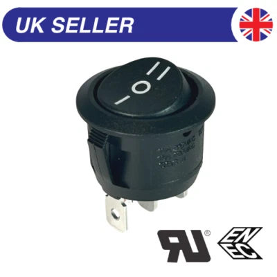 On-Off-On Round Rocker Switch 20mm, 10A 250Vac / 20A 12Vdc, SPDT - Image 1 of 4