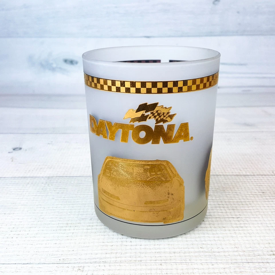 Vintage Daytona Raceway Frosted Rocks Glass w 22k Gold Kapan Kent Bar Man Cave - Image 1 of 4