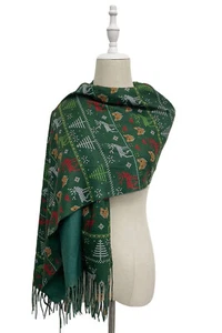 Ladies Christmas Pixel Fox & Reindeer Wool Tassel Scarf Women Stole Shawl 7821 - Picture 1 of 4