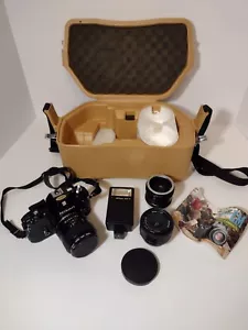 Nikon EM 35mm Camera & Case Lens E 52mm 1:2.5, 100mm 1:2.8 Speedlight Converter - Picture 1 of 21