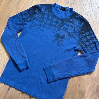 Vintage Vans Shirt Mens L Blue Thermal Waffle Knit Slim Fit Gothic Skull Graphic - Image 1 of 4