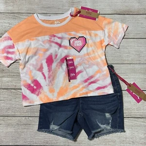 Girls Justice Outfit Size 7-8. NWT! Neon Short Sleeve Shirt And Denim Shorts. - Picture 1 of 13