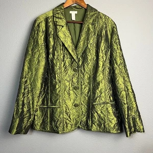 Chicos Womens Metallic Shiny Green Crinkled Textured 3 Button Boho Blazer Career - Picture 1 of 10