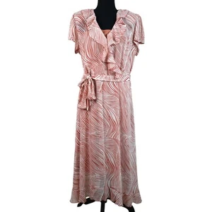 Vintage Y2K Dress Barn Coral Zebra Wrap Midi Dress Flutter Ruffles 14 Belt - Picture 1 of 8