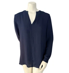 Joan Vass Studio Long Sleeve Sheer Blouse Women’s M Navy Blue Henley Neck Hi-Lo - Picture 1 of 8
