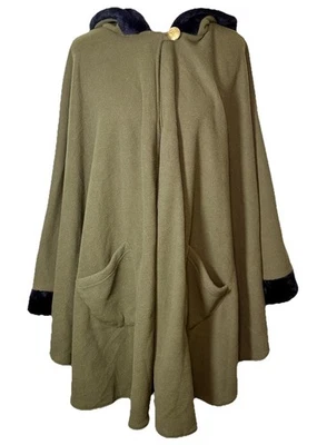 Women’s Hooded Poncho Cape Olive Green Faux Fur Trim Quiet Luxury Swing Cloak OS - Image 1 of 4