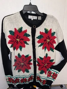 High Gate Ltd Christmas Sweater Poinsettias Cardigan Size M Vintage Embroidered - Picture 1 of 5
