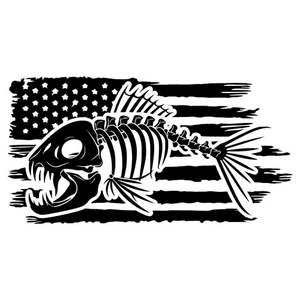 Distressed American Flag Skeleton Fish Piranha Fishing Teeth Bones Decal Sticker - Picture 1 of 3