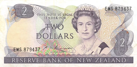 New Zealand  $2  ND. 1985  Series  EMS  Que. II  Circulated Banknote MeC1 Cover