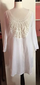 WOMENS LARGE SHEER WHITE 3/4 SLEEVE BEACH COVER-UP WITH IVORY LACE IN BACK - Picture 1 of 8