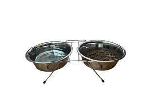 Dog Pet Stainless Steel Food Water Stand Tray Double Elevated Raised Feeder Bowl - Picture 1 of 3