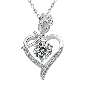 Gorgeous 1 Ct Moissanite Rose Heart Silver Pendant Necklace for Women - Picture 1 of 9