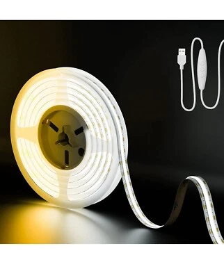 Tira de luz LED USB Cob 5v 6,56 pies/2 m 1200 lm regulable 640 leds 2700 k blanco cálido Cr Foto 1 de 4