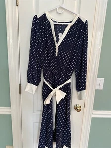 NWT TALBOTS Navy Blue Polka Dot With Belt Dress Size L - Picture 1 of 5