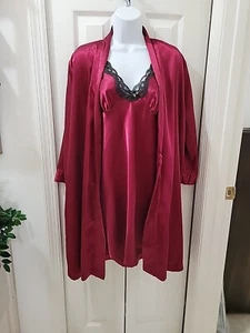 Adonna 2 Pc Satin Kimono Robe & Chemise Deep Red Black Lace Trim Womens Medium - Picture 1 of 21