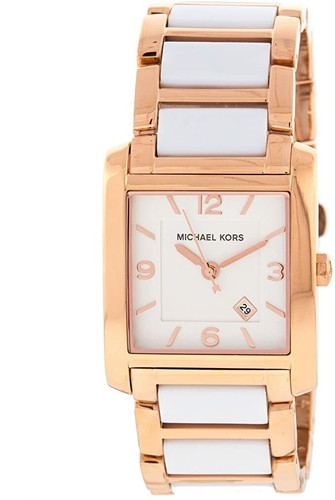 NUOVO OROLOGIO MICHAEL KORS ROSA FRANCESE TONO ORO + BIANCO ACRILICO RETTANGOLO MK4274