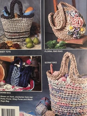 Annie's Crochet Rag Bags: tote purse fabric strip crochet  7 patterns vintage bk - Image 1 of 2