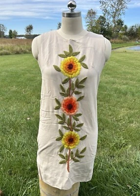 Homemade Retro 70s Flowers Embroidered Dress Sz Small Unfinished Needs Zipper - Image 1 of 4