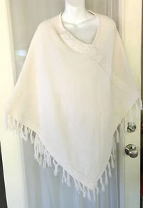 Pierre Cardin Vintage Knit Poncho Shawl L/XL Ivory With Fringe Style #214282 - Picture 1 of 6
