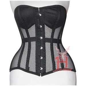 Heavy Duty Steel Boned Over Bust Waist Trainer Black Mesh Extreme Corset - Picture 1 of 5