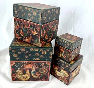 Vintage Bobs Boxes 4 Stacking Nesting Roosters Chickens Rise and Shine Excellent - Image 1 of 4