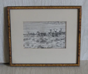 Original George Ahgupuk Rentierhaut Karibik Feld Zeichnung gerahmtes Kunstwerk LESEN - Bild 1 von 23
