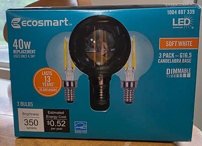 EcoSmart LED Bulbs 3-Pack Dimmable G16.5 Soft White 2700K 40W E12 120V - Image 1 of 3