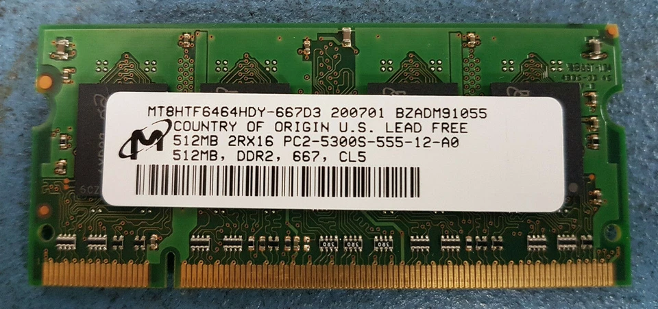 MICRON 512MB DDR2 RAM 667MHz LAPTOP SO-DIMM PC2-5300 MEMORY MT8HTF6464HDY-667D3 - Image 1 of 1
