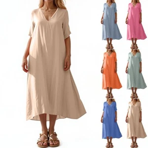 Women's Summer Solid Color Casual Fashion Cotton And Linen V-neck Midi Dress - Picture 1 of 25