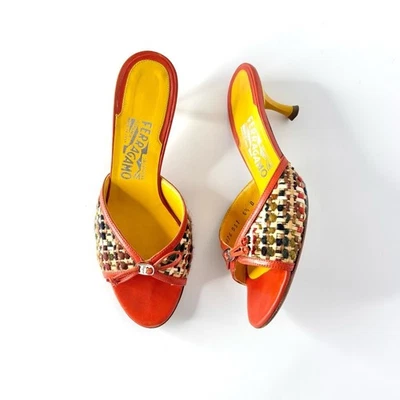 Vintage Salvatore Ferragamo Tweed Raffia Bow Slip On Kitten Heel Mules 6.5 - Image 1 of 4