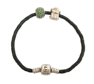 Pandora Black Leather & Sterling Silver 16.5cm Bracelet With X2 Charms 10.04g - Picture 1 of 10