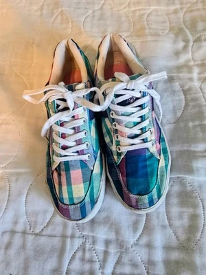 Tênis de lona xadrez feminino Polo Assn Mackay tamanho 9 multicolorido rosa azul-petróleo EUA - Imagem 1 de 4