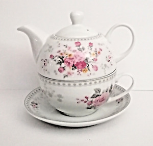 Teekannen-Set 3-teilig aus Porzellan Teekanne mit Tasse und Teller Rosenstrauß