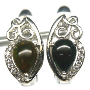 Gemstone 5 x 7 mm. Black Rainbow Opal & Cubic Zirconia Earrings 925 Silver 