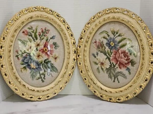 Convex Bubble Glass Two Wood Framed Victorian Style Needlepoint Floral Bouquets - Picture 1 of 23