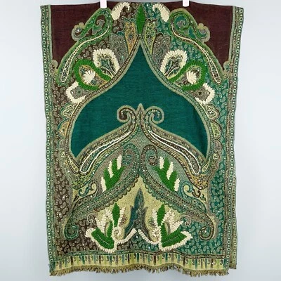 Xale vintage Manorama 100% lã merino bordado com miçangas verde floral 70x26 pol - Imagem 1 de 4