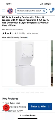 GE 24 in. Centro de lavandería con 2,3 cu. Lavadora de pies con 11 programas de lavado y 4,4 ft³ Foto 1 de 4