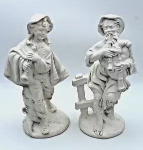Pair of Vintage White Ceramic Statuettes ~ Man & Boy w/ Flutes ~ Ready to paint - Picture 1 of 7