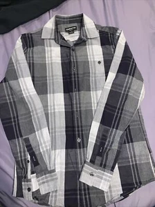 Mens Claiborne Black, Gray, Plaid Checkered LS Slim Fit Dress Shirt Sz SMALL - Picture 1 of 7