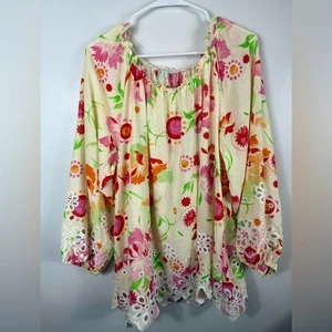 Cato Womens Boho Eyelet Floral 100% Cotton Blouse Yellow Multicolored Size XL - Picture 1 of 9